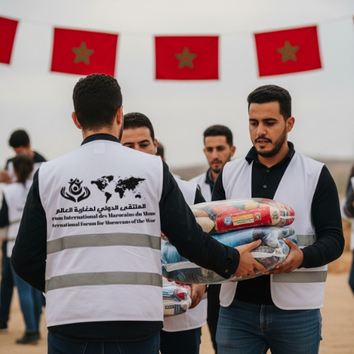 Volunteers from International Forum for Moroccans of the World distributing humanitarian aid