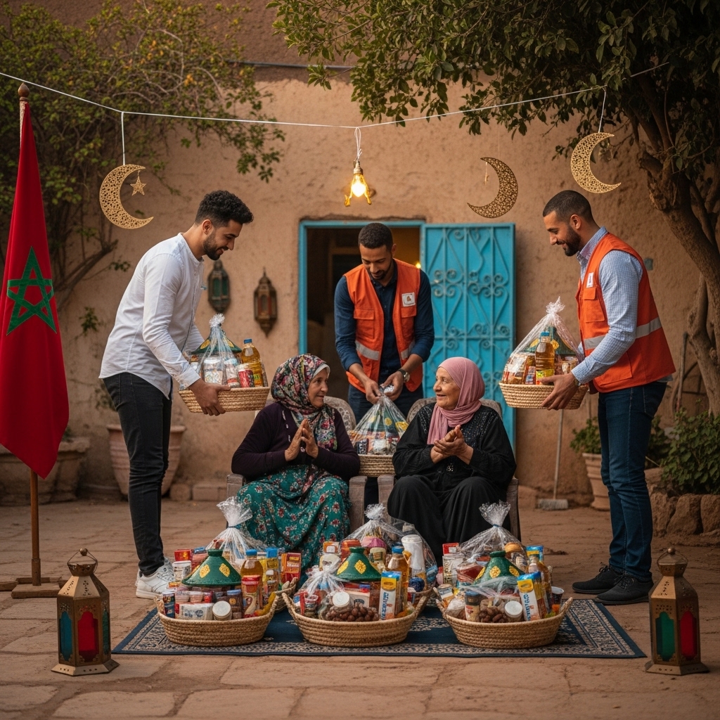 Ramadan food baskets distribution in traditional Moroccan setting